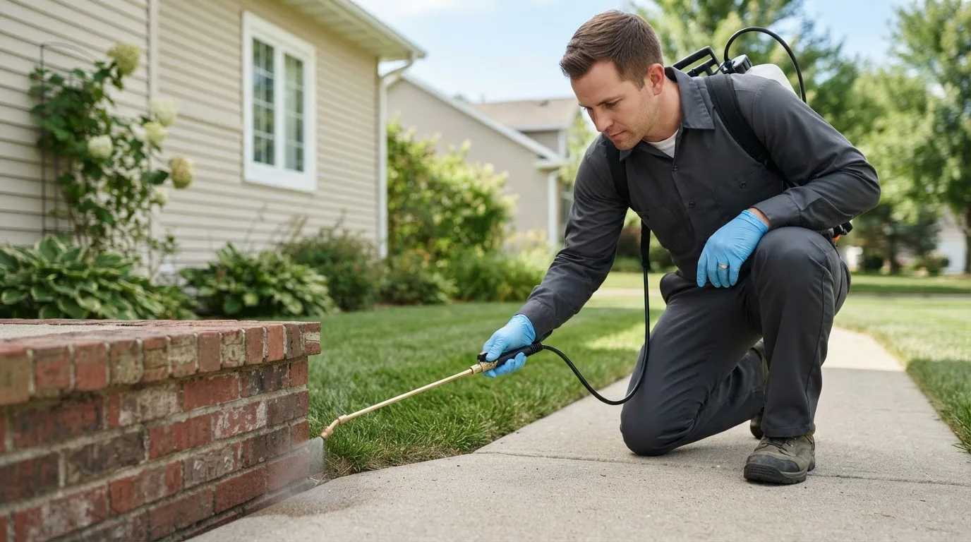 Pest control technician treating a home near Hecla, SD